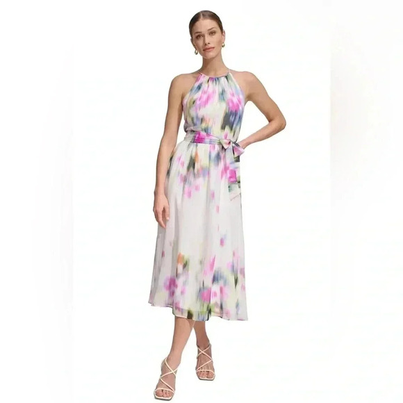DKNY Printed Halter Tie-Waist Midi Dress Size 10 - Picture 2 of 8